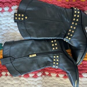 Vince Camuto Black Heeled Boots with Gold Studs